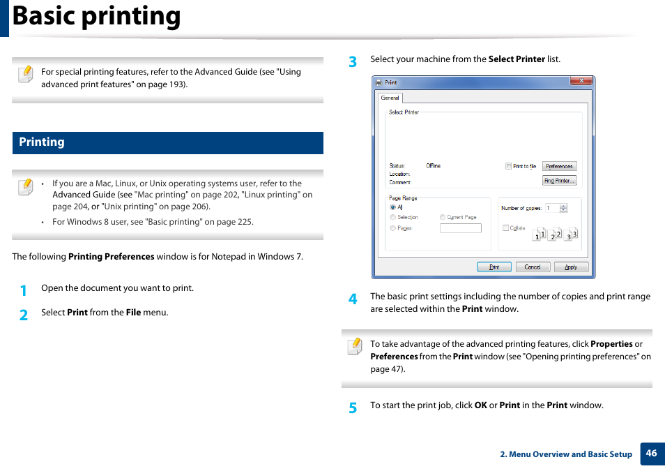 Basic printing, Printing | Samsung SL-M4020ND-TAA User Manual | Page 46 / 273