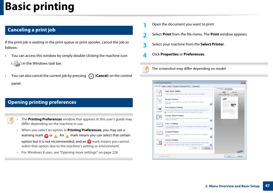 Canceling a print job, Opening printing preferences, Basic printing | Samsung SL-M4020ND-TAA User Manual | Page 47 / 273