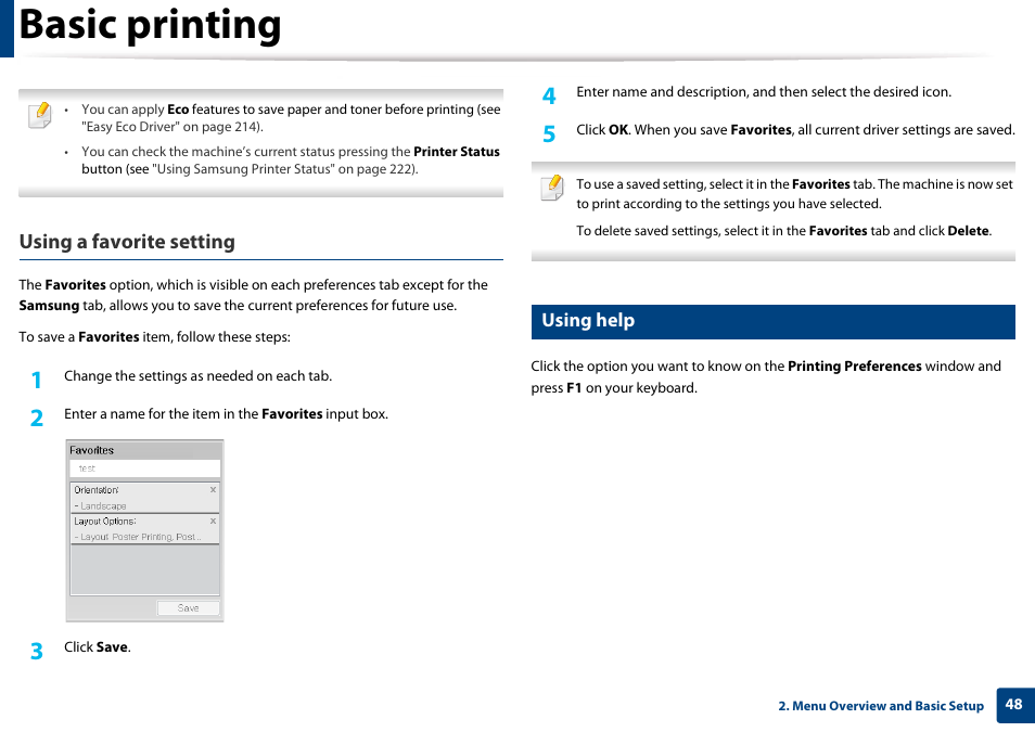 Using help, Basic printing, Using a favorite setting | Samsung SL-M4020ND-TAA User Manual | Page 48 / 273