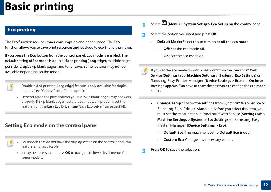 Eco printing, Basic printing, Setting eco mode on the control panel | Samsung SL-M4020ND-TAA User Manual | Page 49 / 273