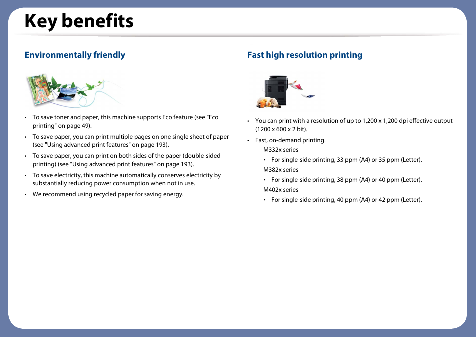 Key benefits, Environmentally friendly, Fast high resolution printing | Samsung SL-M4020ND-TAA User Manual | Page 5 / 273