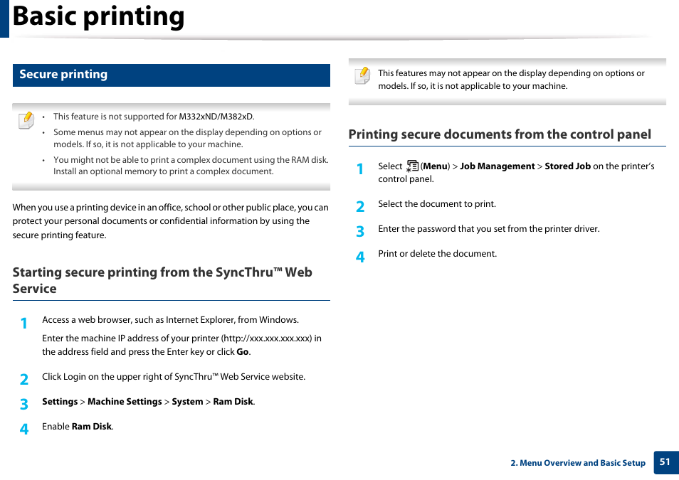 Secure printing, Basic printing, Printing secure documents from the control panel | Samsung SL-M4020ND-TAA User Manual | Page 51 / 273