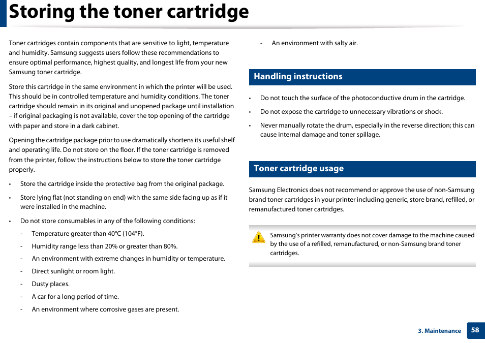 Storing the toner cartridge, Handling instructions, Toner cartridge usage | Samsung SL-M4020ND-TAA User Manual | Page 58 / 273