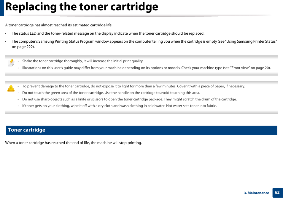 Replacing the toner cartridge, Toner cartridge | Samsung SL-M4020ND-TAA User Manual | Page 62 / 273