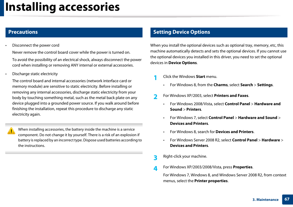 Installing accessories, Precautions, Setting device options | Samsung SL-M4020ND-TAA User Manual | Page 67 / 273