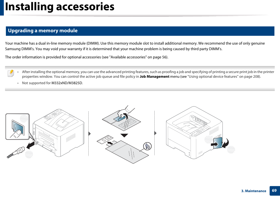 Upgrading a memory module, Installing accessories | Samsung SL-M4020ND-TAA User Manual | Page 69 / 273