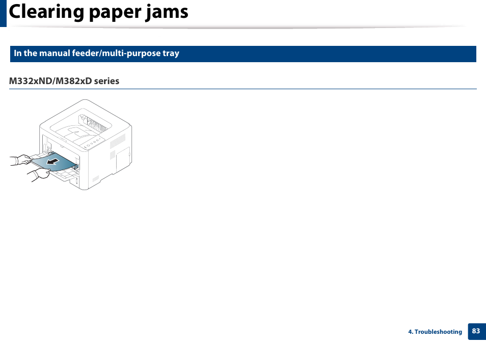 In the manual feeder/multi-purpose tray, Clearing paper jams | Samsung SL-M4020ND-TAA User Manual | Page 83 / 273