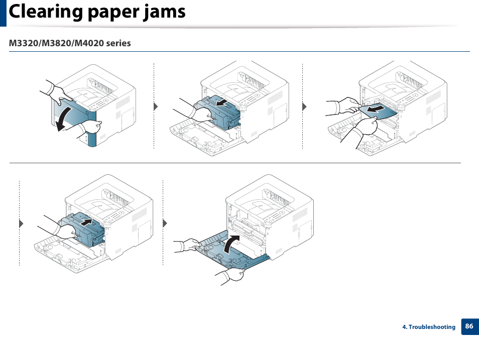Clearing paper jams | Samsung SL-M4020ND-TAA User Manual | Page 86 / 273