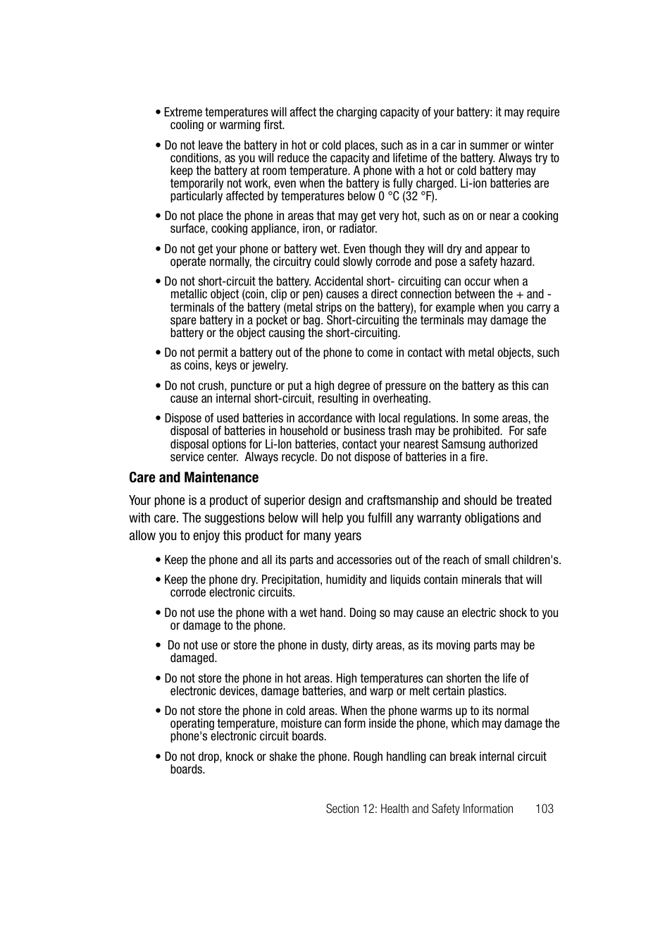 Care and maintenance | Samsung SGH-C417ZDACIN User Manual | Page 101 / 109