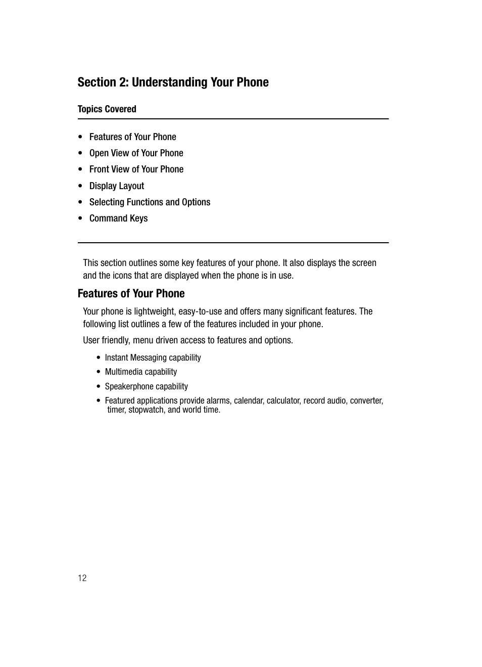 Section 2: understanding your phone, Features of your phone | Samsung SGH-C417ZDACIN User Manual | Page 12 / 109