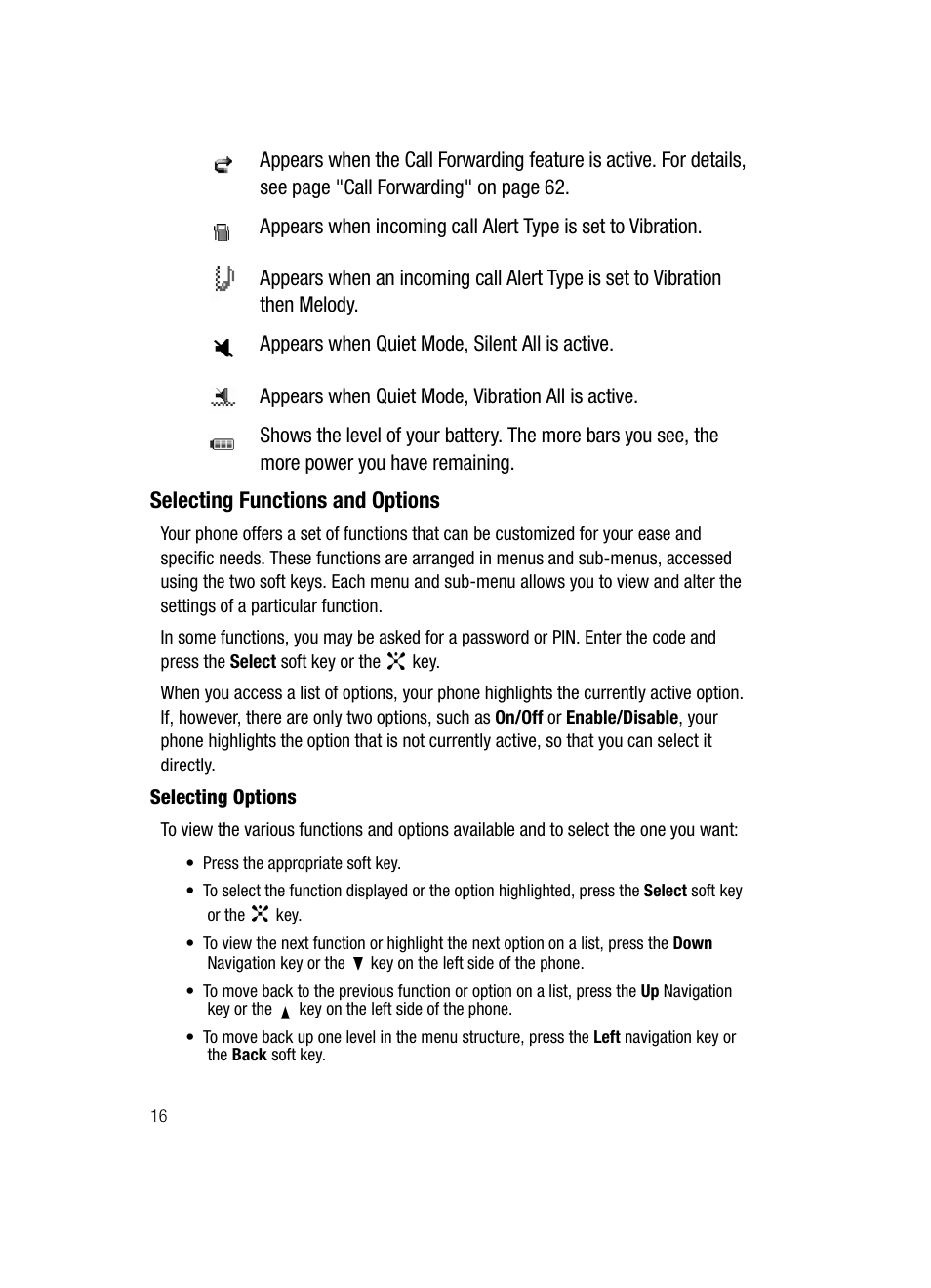 Selecting functions and options | Samsung SGH-C417ZDACIN User Manual | Page 16 / 109