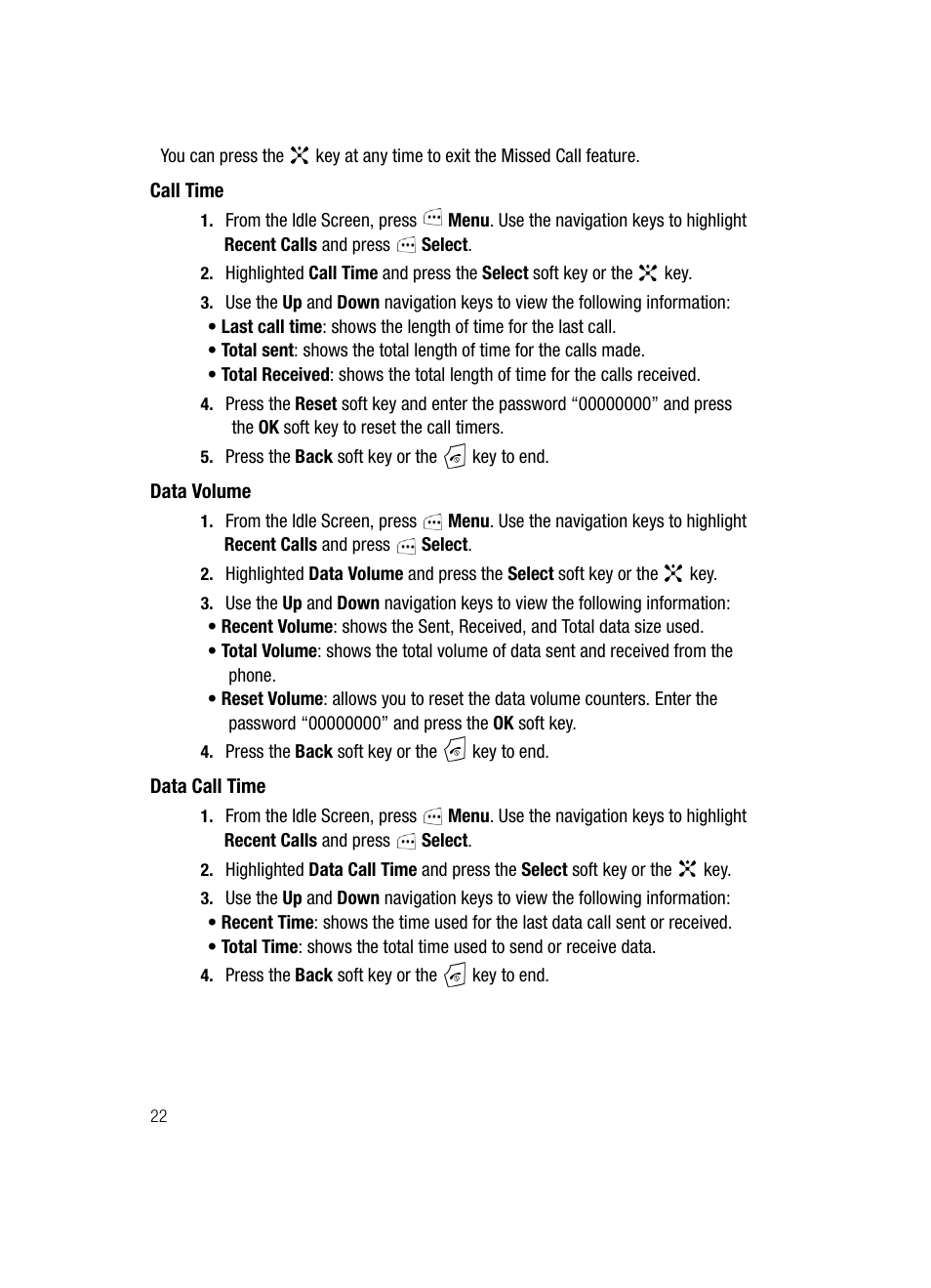 Call time data volume data call time | Samsung SGH-C417ZDACIN User Manual | Page 22 / 109