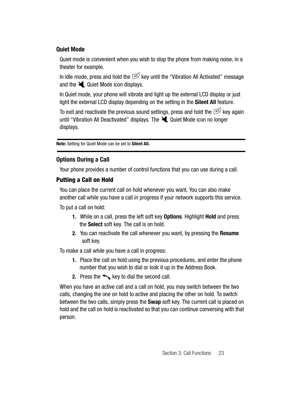 Quiet mode options during a call | Samsung SGH-C417ZDACIN User Manual | Page 23 / 109