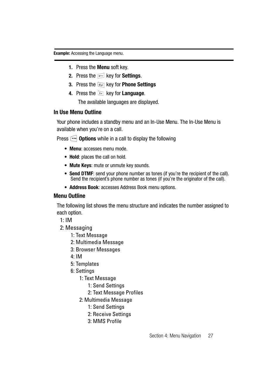 In use menu outline menu outline | Samsung SGH-C417ZDACIN User Manual | Page 27 / 109