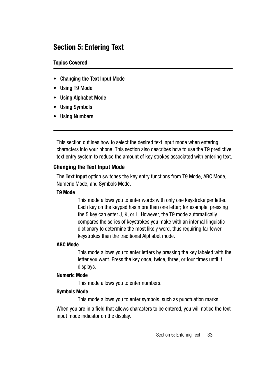 Section 5: entering text, Changing the text input mode | Samsung SGH-C417ZDACIN User Manual | Page 33 / 109