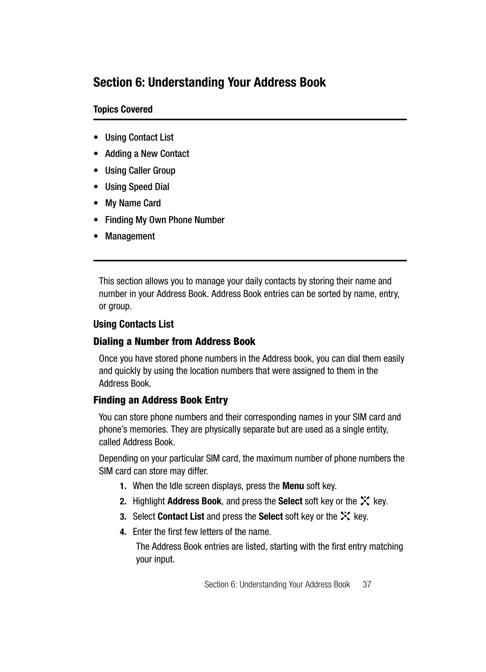 Section 6: understanding your address book, Using contacts list | Samsung SGH-C417ZDACIN User Manual | Page 37 / 109