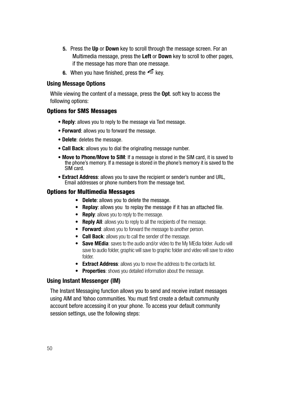 Using message options using instant messenger (im) | Samsung SGH-C417ZDACIN User Manual | Page 50 / 109