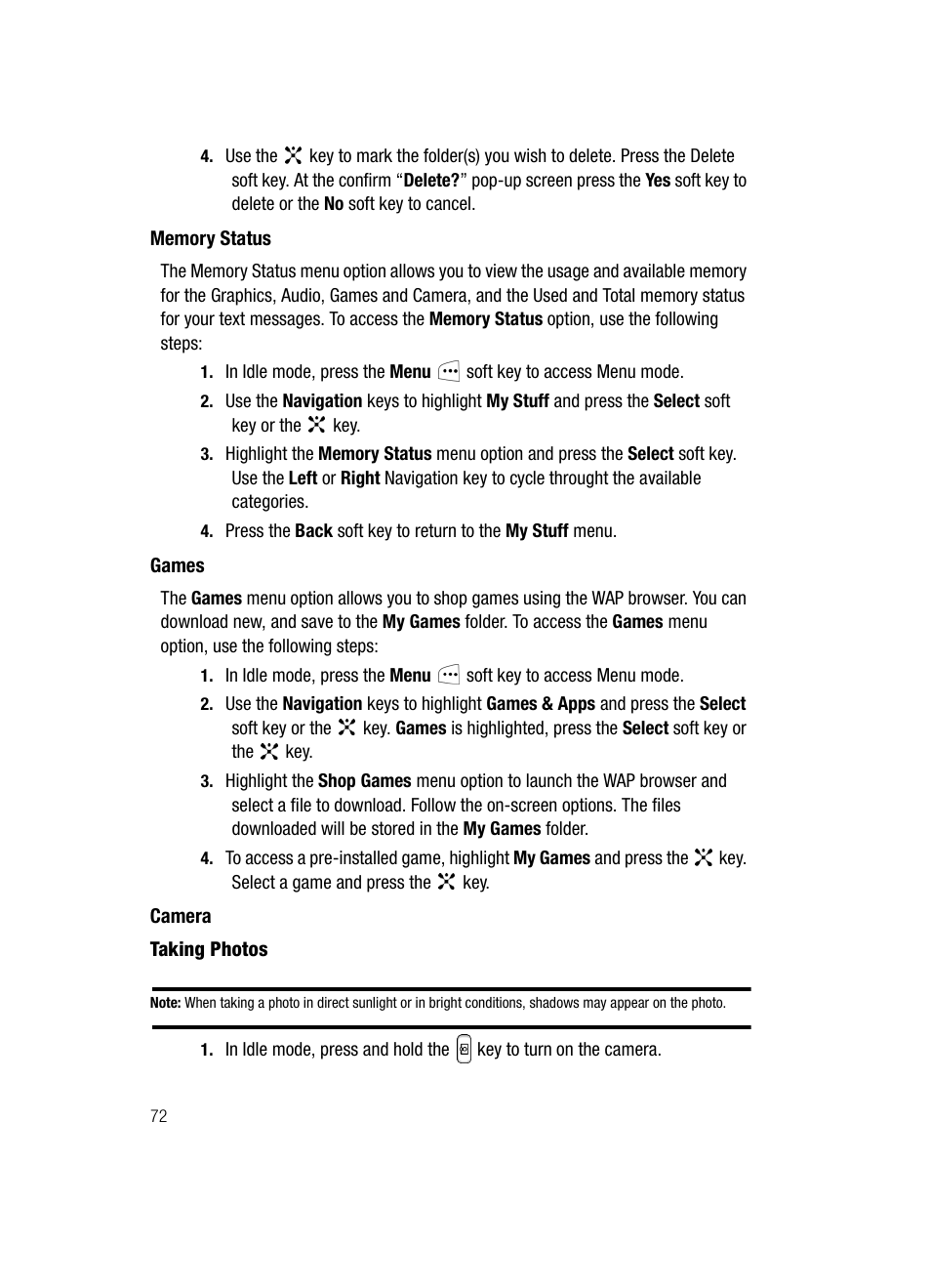 Memory status games camera | Samsung SGH-C417ZDACIN User Manual | Page 70 / 109