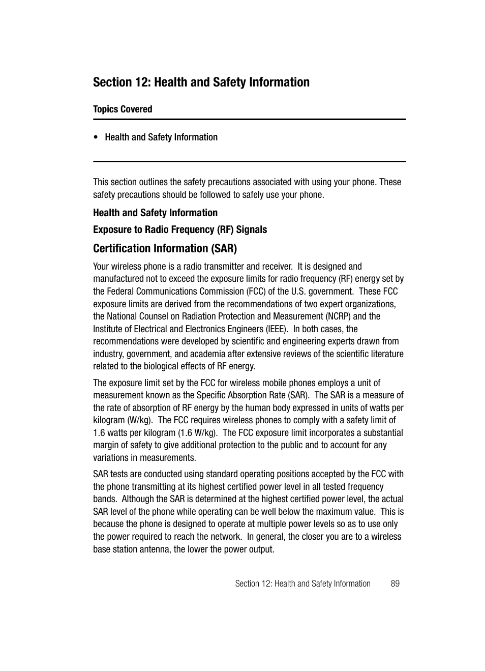 Section 12: health and safety information, Health and safety information | Samsung SGH-C417ZDACIN User Manual | Page 87 / 109