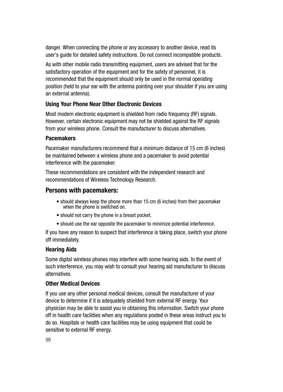 Using your phone near other electronic devices, Persons with pacemakers | Samsung SGH-C417ZDACIN User Manual | Page 96 / 109