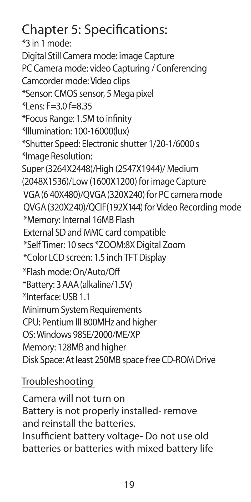 Chapter 5: speciﬁcations | Argus Camera Argus DC-5190 User Manual | Page 19 / 21