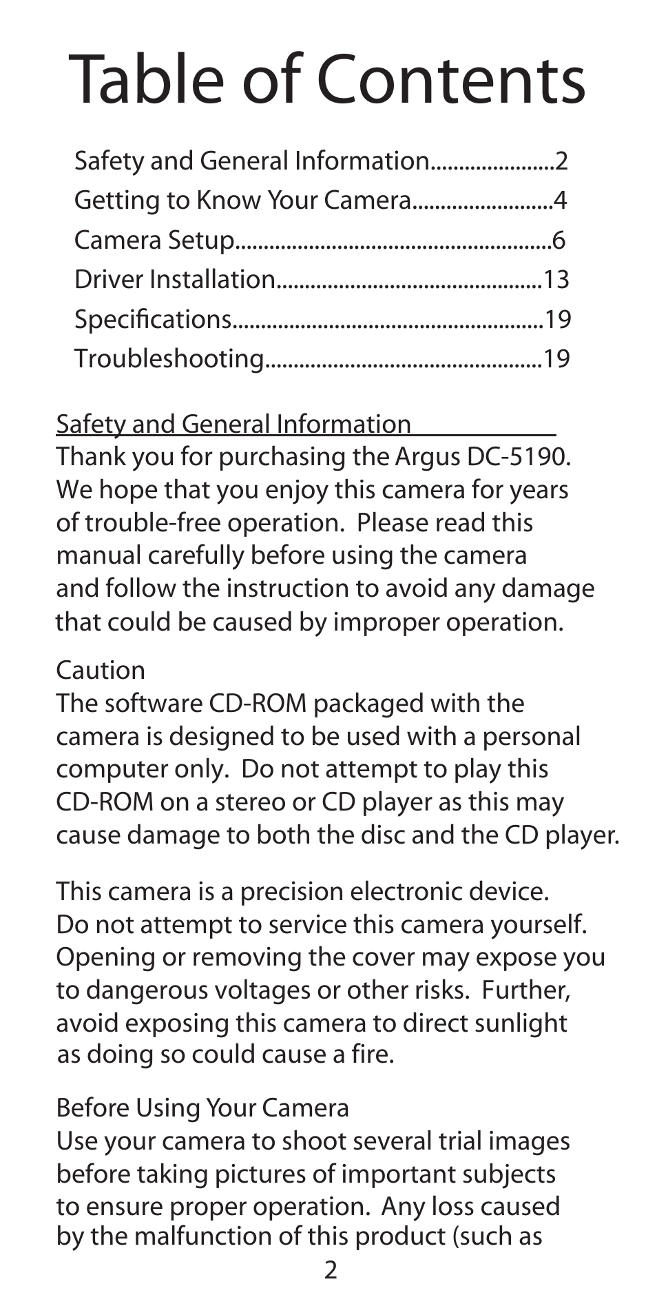 Argus Camera Argus DC-5190 User Manual | Page 2 / 21