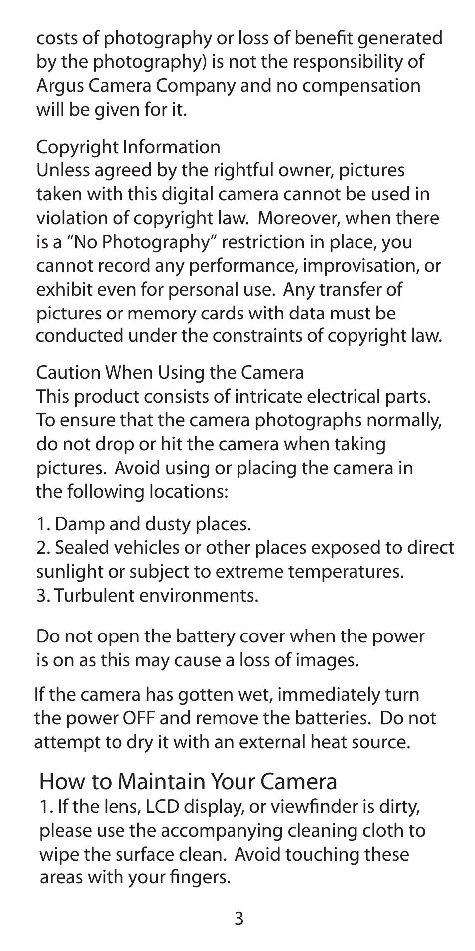 How to maintain your camera | Argus Camera Argus DC-5190 User Manual | Page 3 / 21