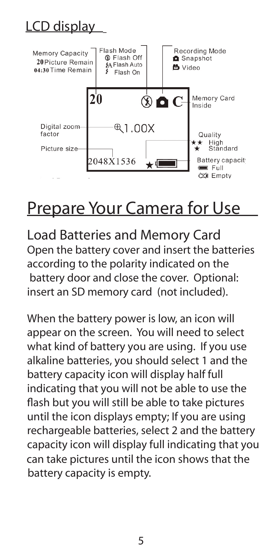 Prepare your camera for use | Argus Camera Argus DC-5190 User Manual | Page 5 / 21