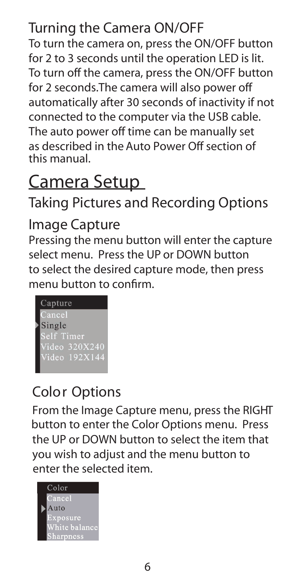 Camera setup, Turning the camera on/off, Color options | Argus Camera Argus DC-5190 User Manual | Page 6 / 21