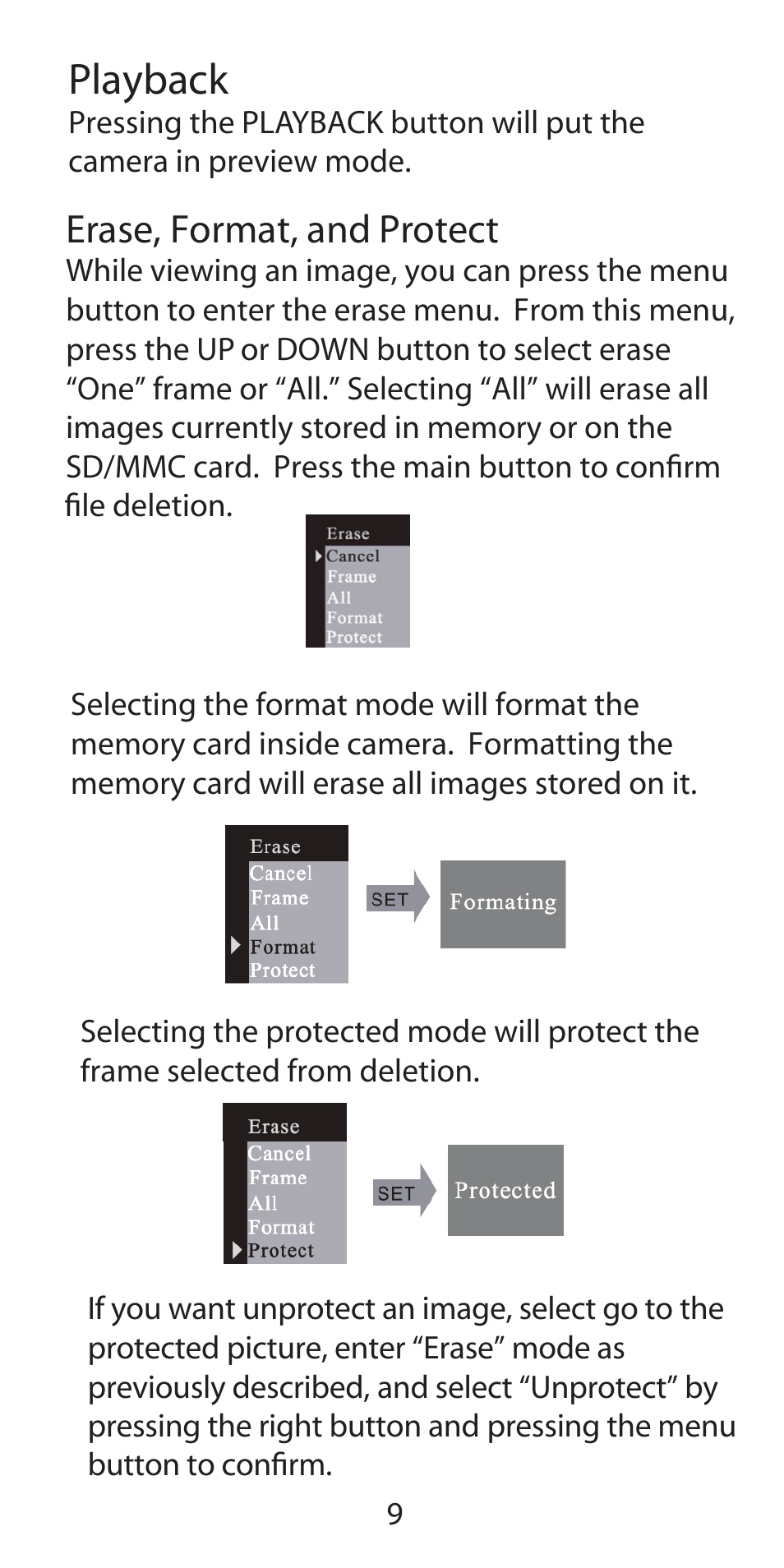 Playback, Erase, format, and protect | Argus Camera Argus DC-5190 User Manual | Page 9 / 21