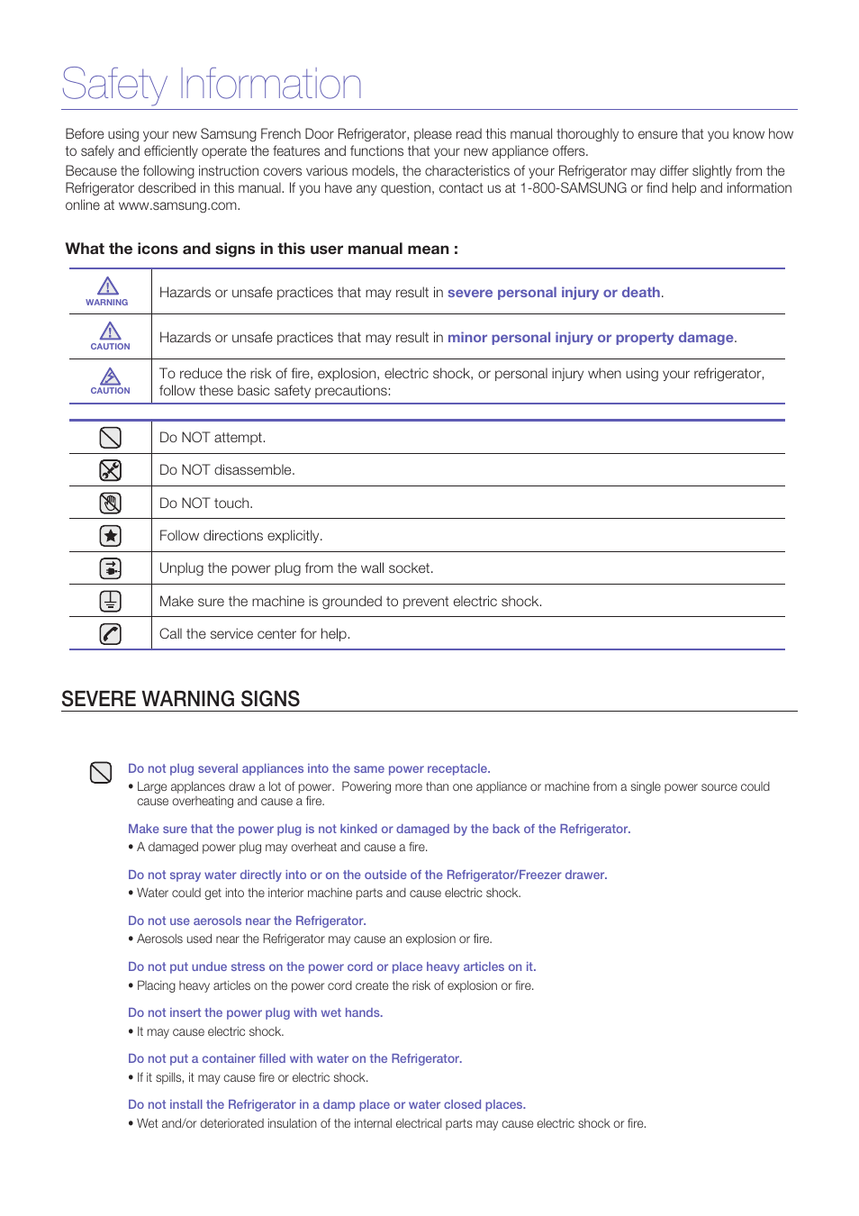 Safety information, Severe warning signs | Samsung RF267ACRS-XAA User Manual | Page 2 / 9