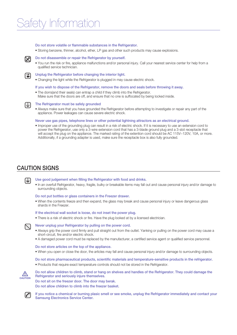 Safety information, Caution signs | Samsung RF267ACRS-XAA User Manual | Page 3 / 9