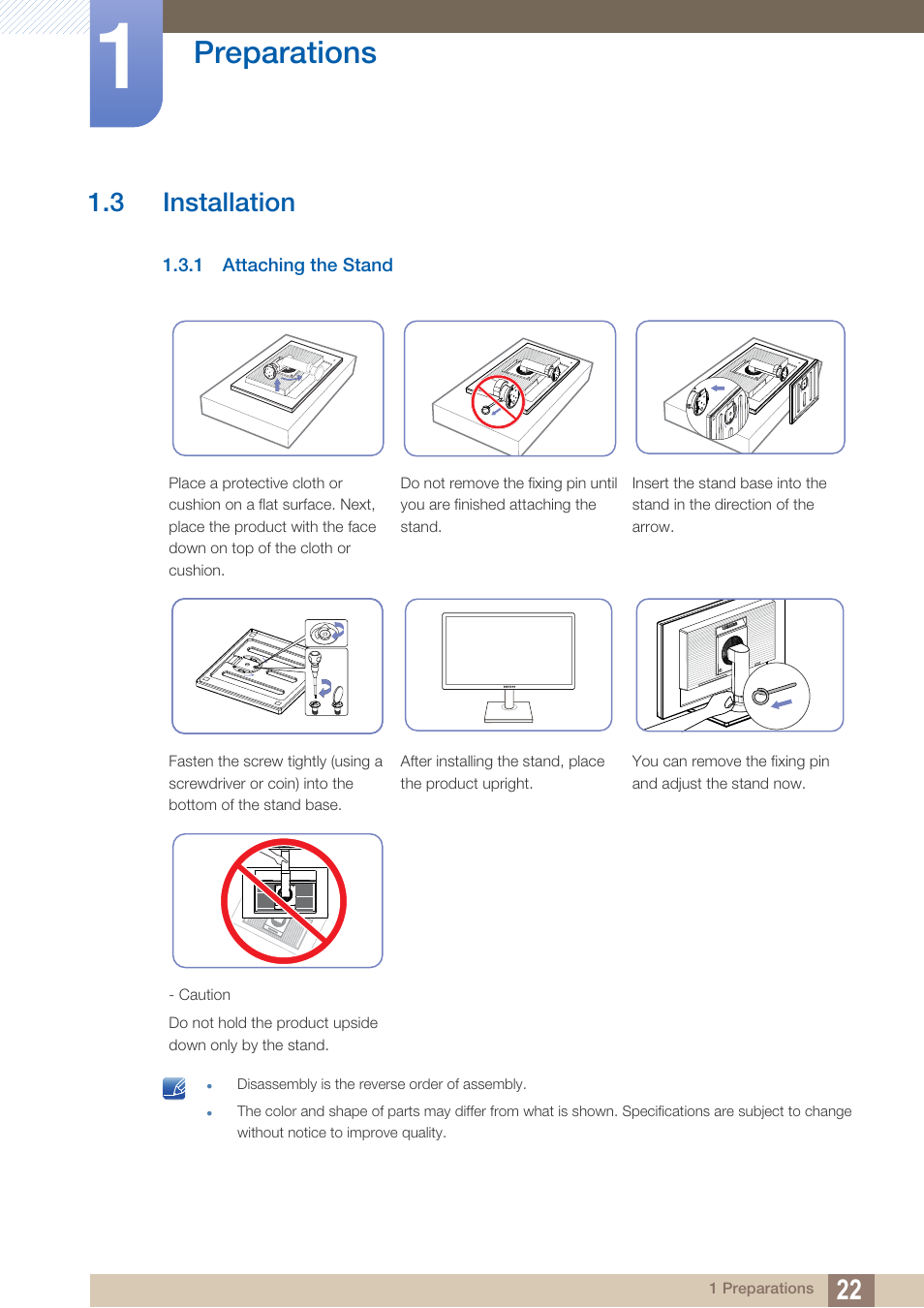 3 installation, 1 attaching the stand, Installation | Attaching the stand, Preparations | Samsung LS19C45KBRV-GO User Manual | Page 22 / 122