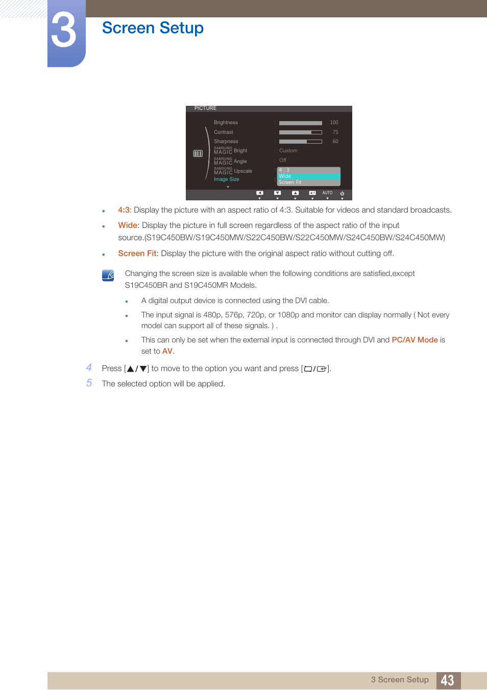 Screen setup | Samsung LS19C45KBRV-GO User Manual | Page 43 / 122