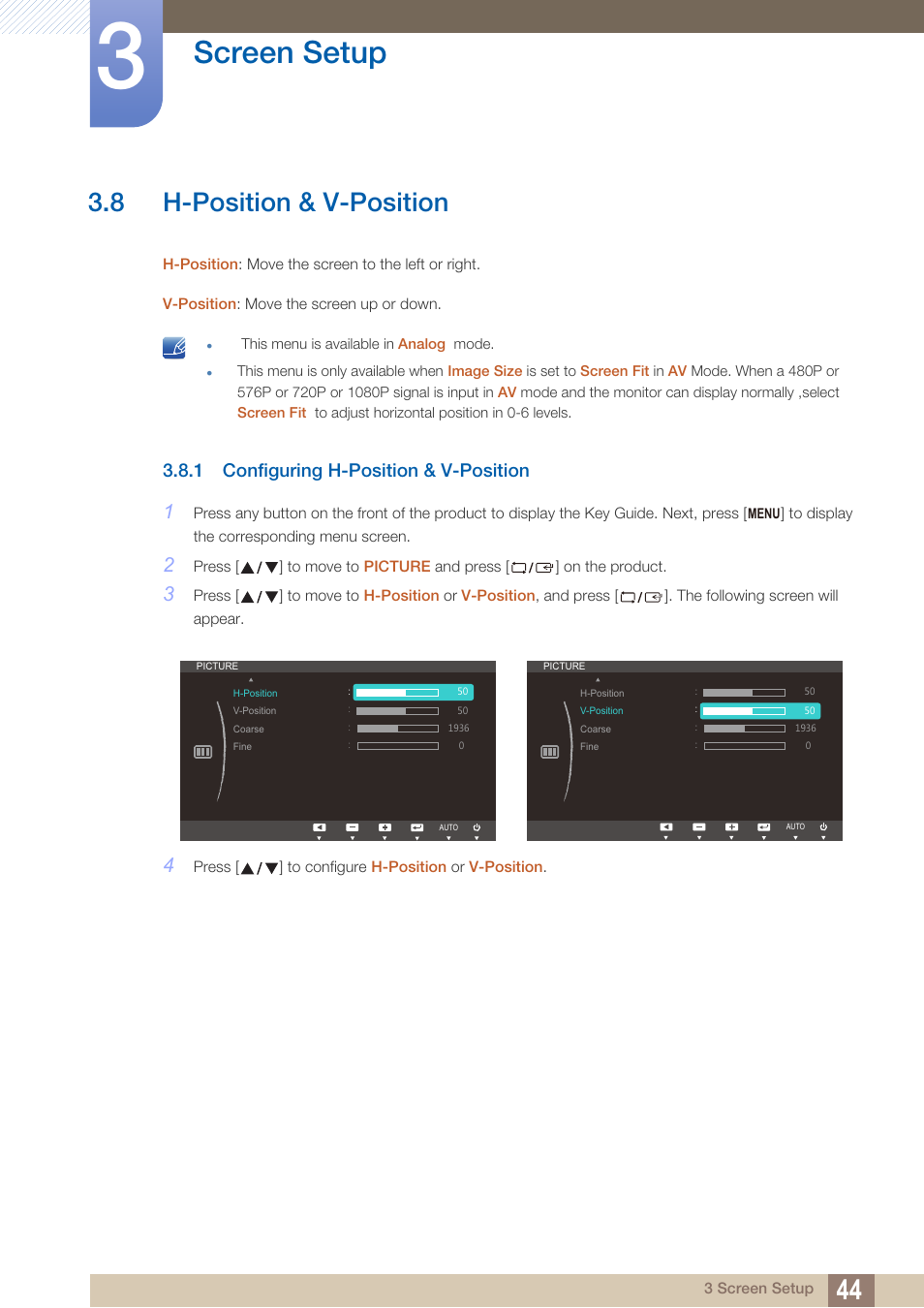 8 h-position & v-position, 1 configuring h-position & v-position, H-position & v-position | Configuring h-position & v-position, Screen setup | Samsung LS19C45KBRV-GO User Manual | Page 44 / 122