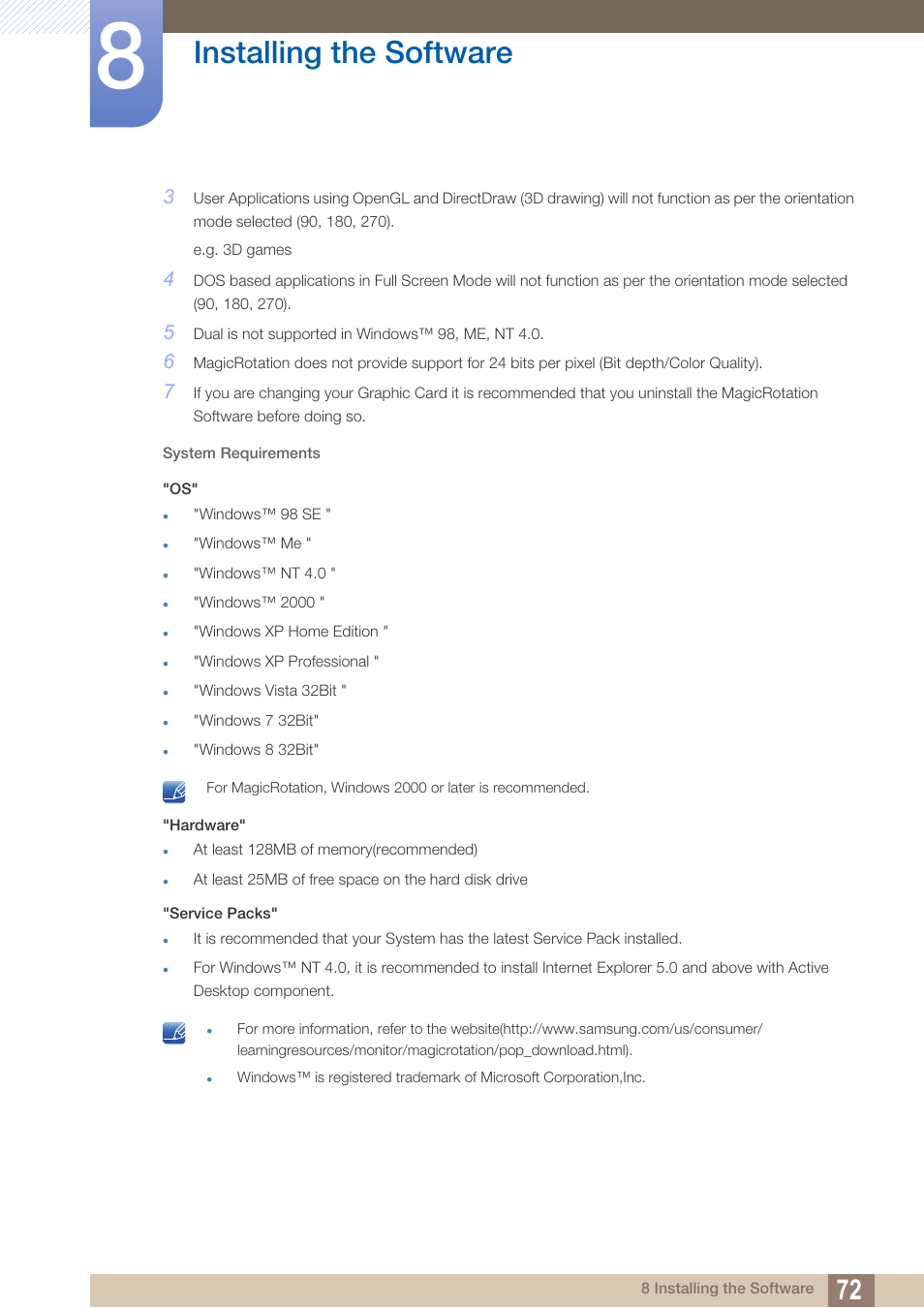 Installing the software | Samsung LS19C45KBRV-GO User Manual | Page 72 / 122