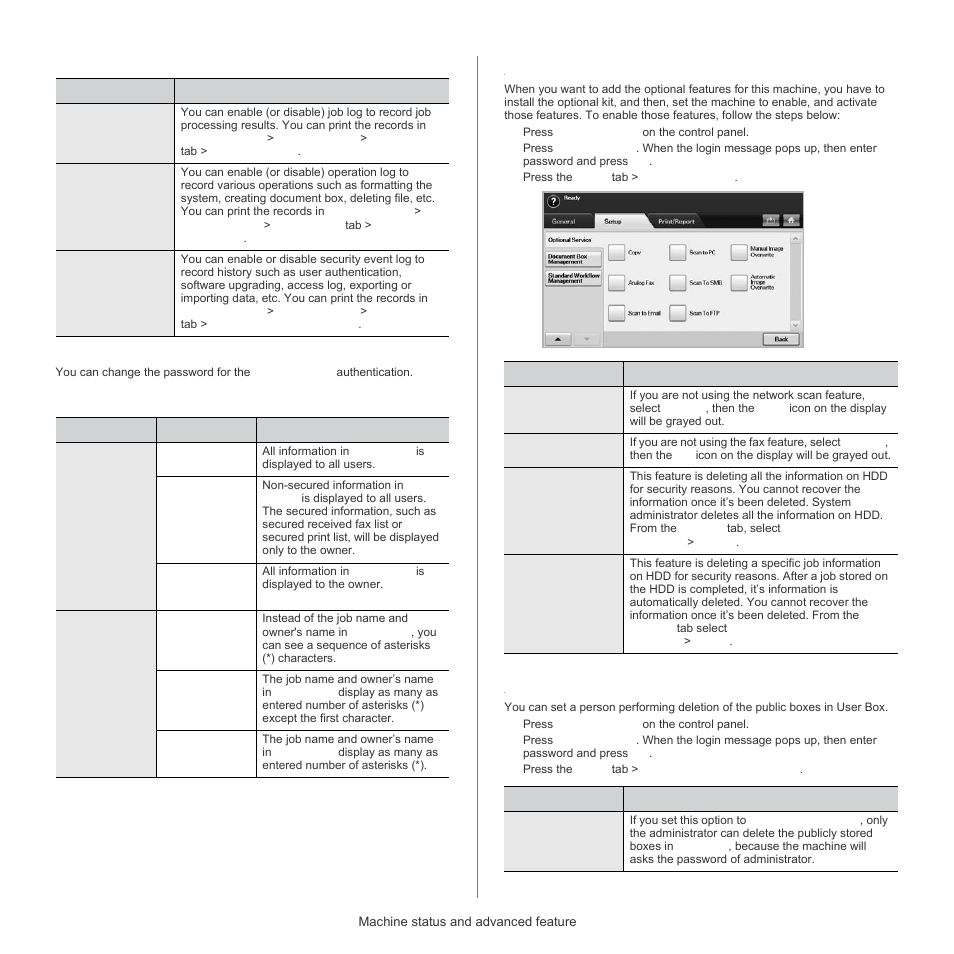 Optional service, Document box management, Log change admin. password | Information hiding | Samsung SCX-5835FN-XAR User Manual | Page 102 / 147