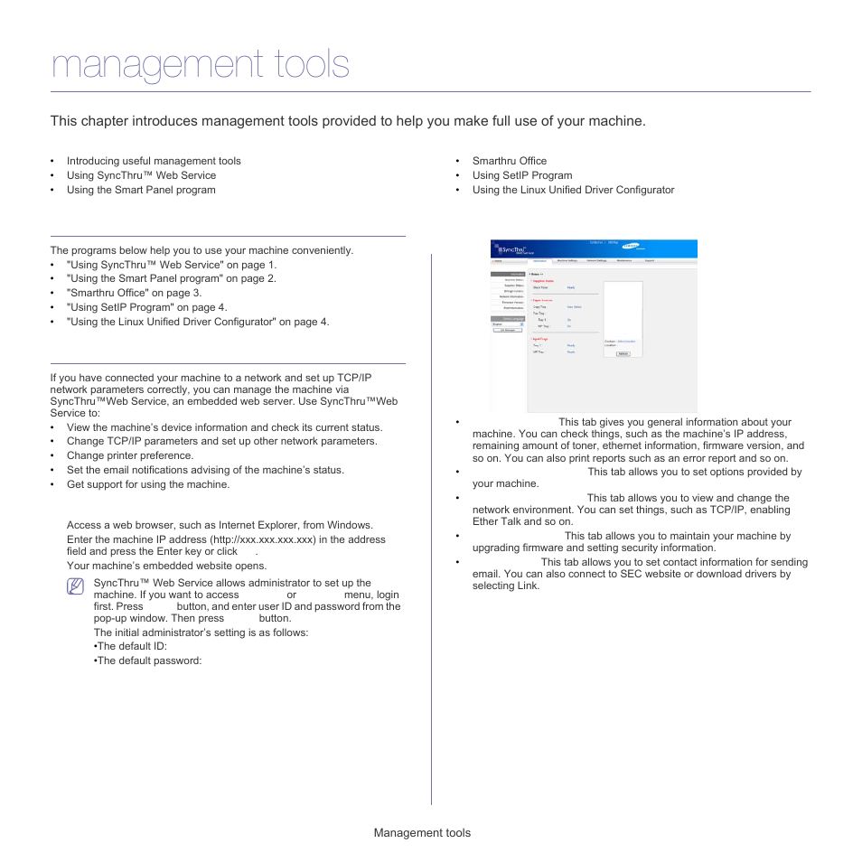 Management tools, Introducing useful management tools, Using syncthru™ web service | Using, Using syncthru™ web service" on, See "using syncthru™ web, Syncthru™web service overview | Samsung SCX-5835FN-XAR User Manual | Page 106 / 147