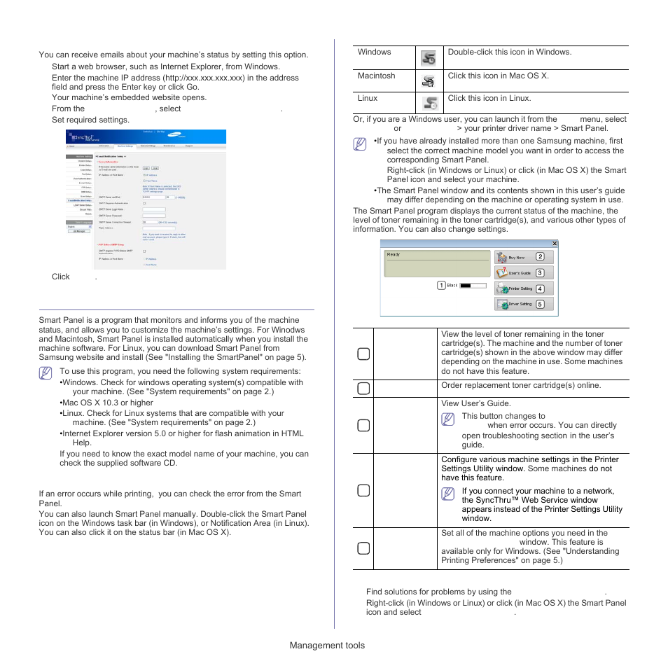 Using the smart panel program, E-mail notification setup, Understanding smart panel | Opening the troubleshooting guide | Samsung SCX-5835FN-XAR User Manual | Page 107 / 147