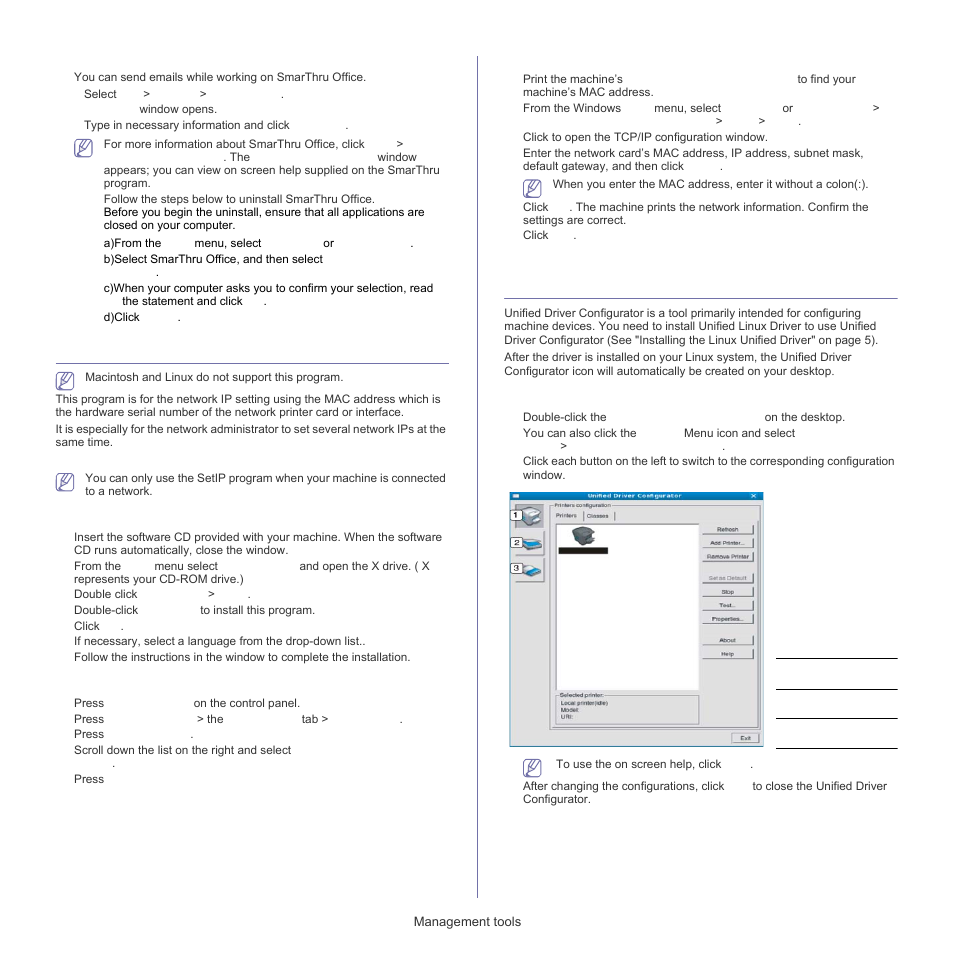 Using setip program, Using the linux unified driver configurator, Using | Installing the program, Printing out the machine’s mac address, Setting network values, Opening the unified driver configurator | Samsung SCX-5835FN-XAR User Manual | Page 109 / 147