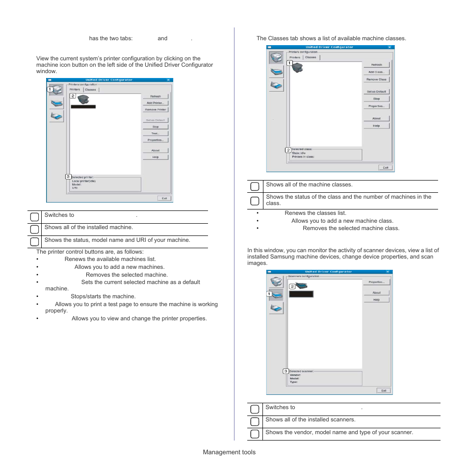 Printers configuration, Scanners configuration, Printers tab | Classes tab | Samsung SCX-5835FN-XAR User Manual | Page 110 / 147