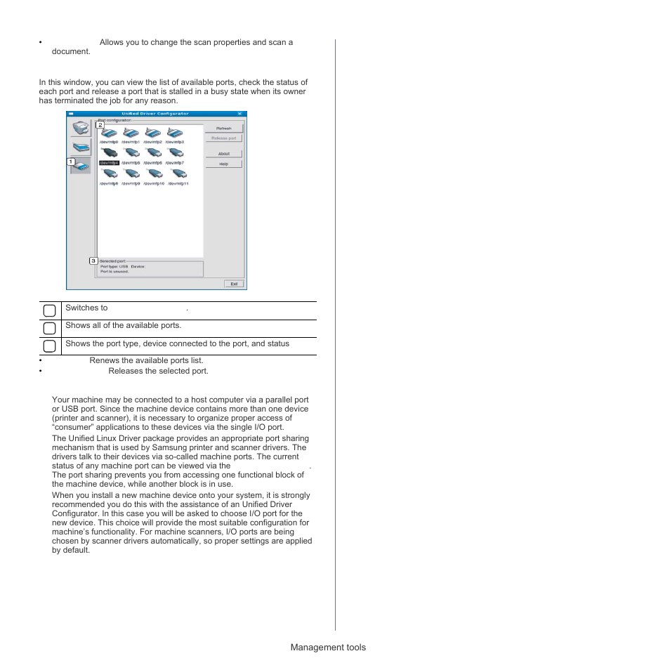 Ports configuration, Sharing ports between printers and scanners | Samsung SCX-5835FN-XAR User Manual | Page 111 / 147
