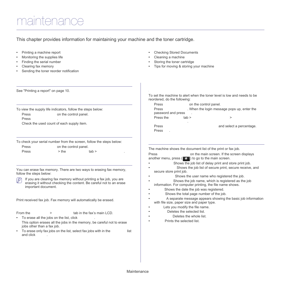 Maintenance, Printing a machine report, Monitoring the supplies life | Finding the serial number, Clearing fax memory, Sending the toner reorder notification, Checking stored documents, Printing a machine | Samsung SCX-5835FN-XAR User Manual | Page 112 / 147