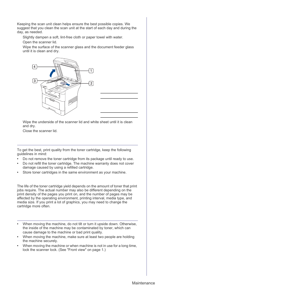 Storing the toner cartridge, Tips for moving & storing your machine, Cleaning the scan unit" on | Cleaning the scan, Cleaning the scan unit, Expected cartridge life | Samsung SCX-5835FN-XAR User Manual | Page 114 / 147