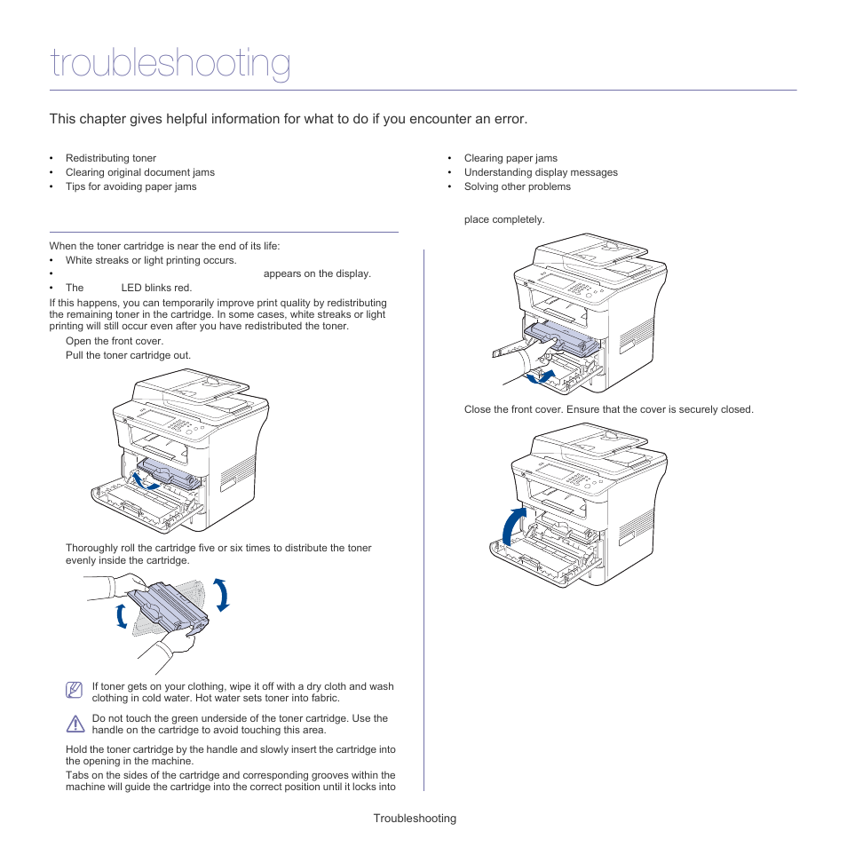 Troubleshooting, Redistributing toner, Redistributing | Samsung SCX-5835FN-XAR User Manual | Page 115 / 147