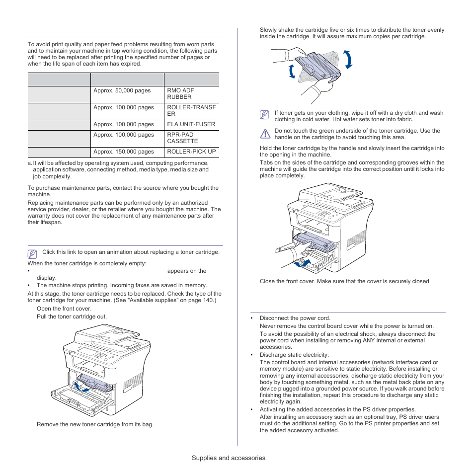 Available maintenance parts, Replacing the toner cartridge, Replacing the | Replacing the toner cartridge" on, Replacing the toner, See "replacing the toner, See "replacing the toner cartridge" on, Ne. (see "replacing the toner cartridge" on | Samsung SCX-5835FN-XAR User Manual | Page 133 / 147