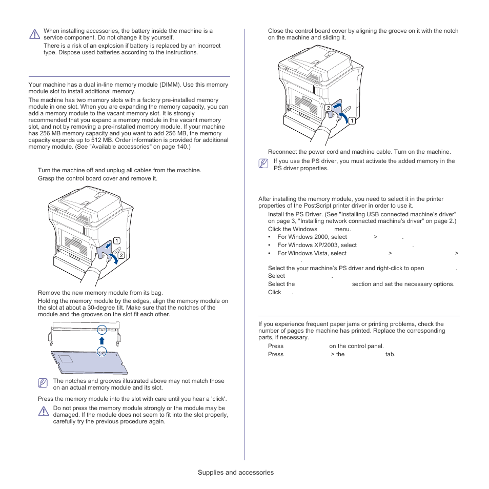 Upgrading a memory module, Checking replaceable’s lifespan, Memory. (see "installing | A memory module" on | Samsung SCX-5835FN-XAR User Manual | Page 134 / 147
