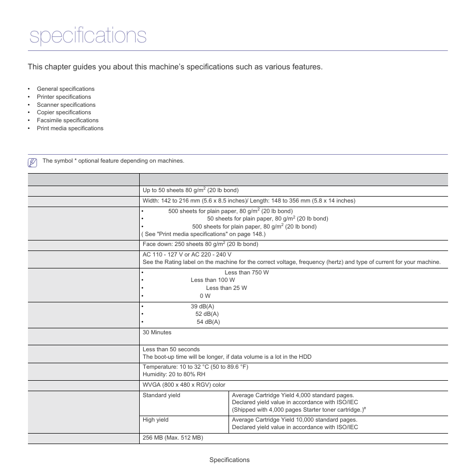 Specifications, General specifications, General specifications" on | See "general | Samsung SCX-5835FN-XAR User Manual | Page 136 / 147