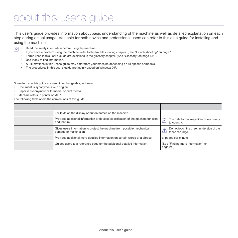 About this user’s guide, Convention | Samsung SCX-5835FN-XAR User Manual | Page 15 / 147