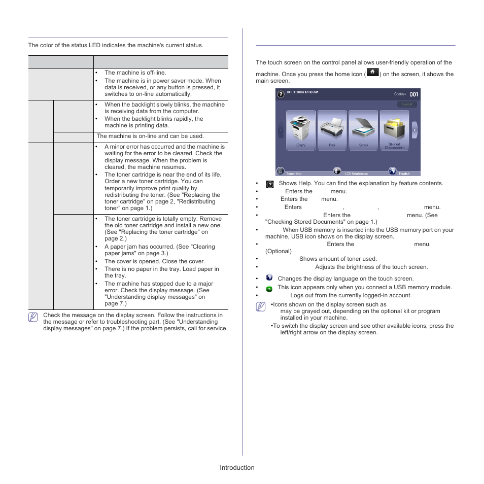 Understanding the status led, Introducing the touch screen and useful buttons, Touch screen | Samsung SCX-5835FN-XAR User Manual | Page 22 / 147